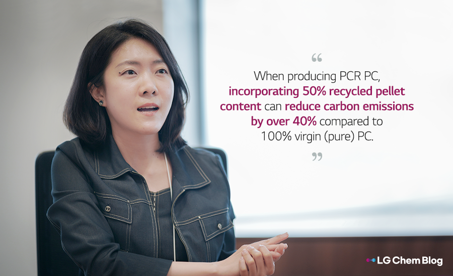 "When producing PCR PC, incorporating 50% recycled pellet content can reduce carbon emissions by over 40% compared to 100% virgin (pure) PC."