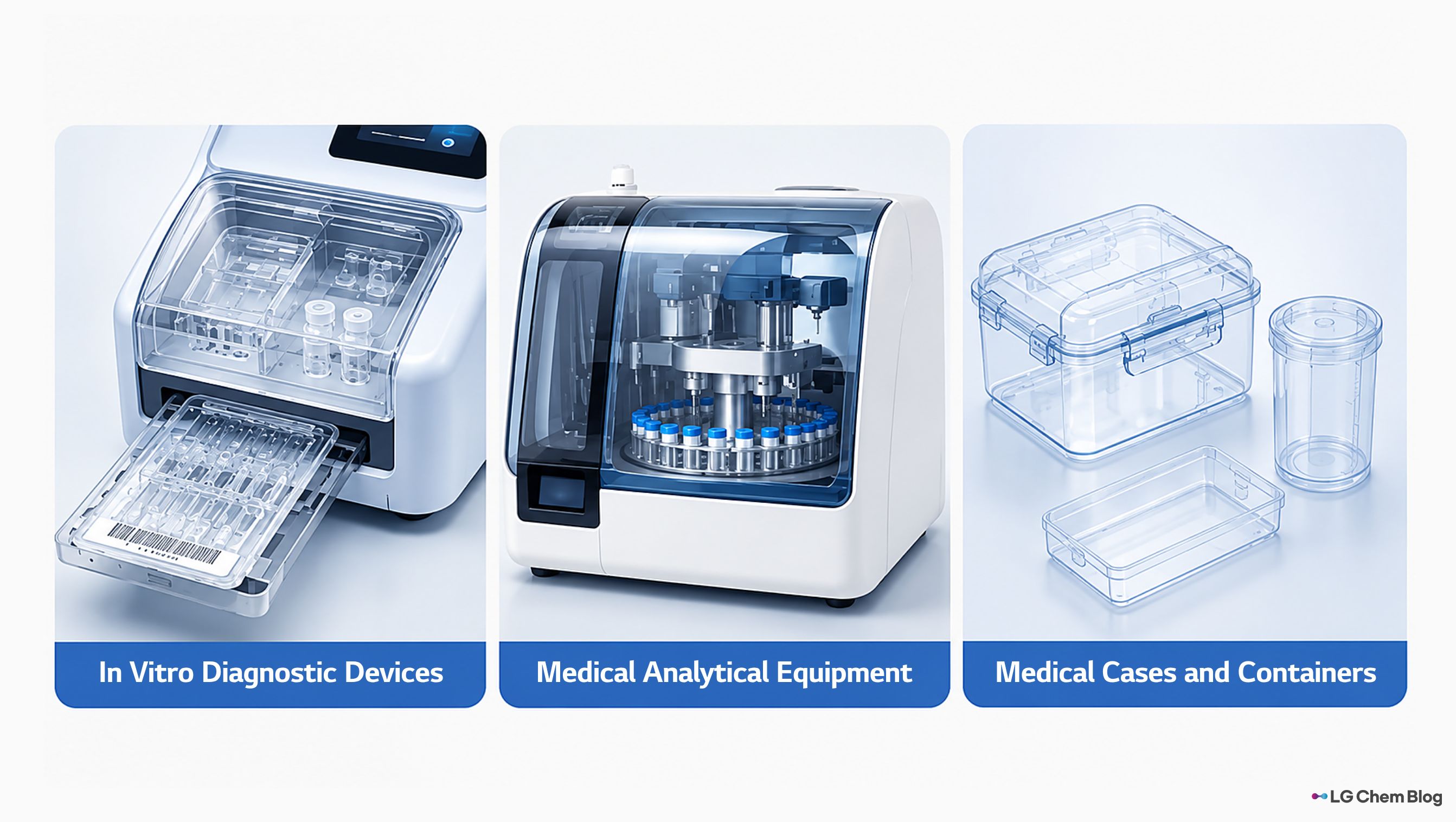Examples of medical applications for transparent ABS, including in vitro diagnostic devices, medical analytical equipment, and transparent medical cases and containers.