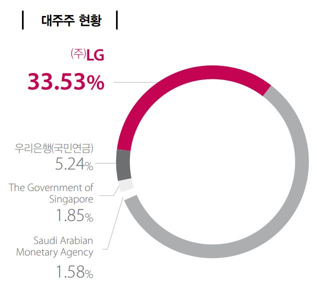 LG화학 대주주 현황: (주)LG 33.53%, 우리은행(국민연금) 5.24%, The Government of Singapore 1.85%, Saudi Arabian Monetary Agency 1.58%