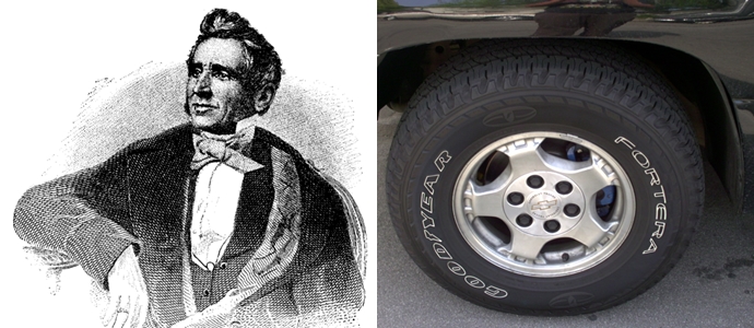 (왼쪽) 찰스 굳이어의 초상화, (오른쪽) 굳이어의 자동차 타이어
