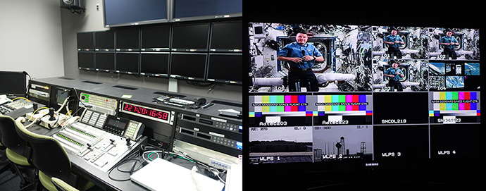 NASA TV 스튜디오 내부의 모습이다. 현재는 방송중이 아니라 모니터들이 모두 꺼져있는 모습이다.