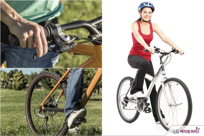 (왼쪽 상단) 브레이크 레버 위에 둘째, 셋째 손가락이 올려두고 있다. (왼쪽 하단) 페달을 밝은 가장 넓은 부분으로 밟고 있다. (오른쪽) 한 여성이 자전거로 주행하려 하고 있다.