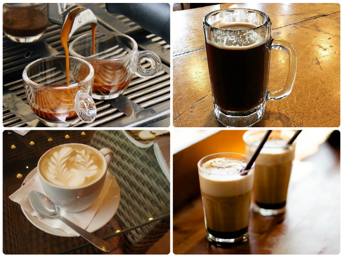 다양한 커피의 종류, 왼쪽부터 에스프레소, 아메리카노, 카페라떼, 카프치노가 각각 잔에 담겨있다. 