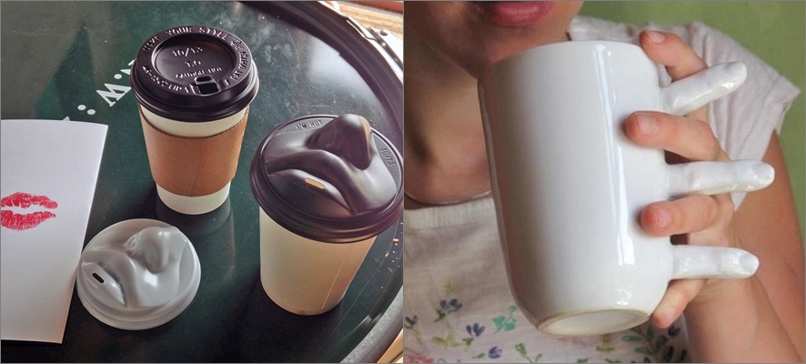 왼쪽: 입술 모양 커피컵 뚜껑, 오른쪽, 손가락 모양 손잡이가 달린 머그컵