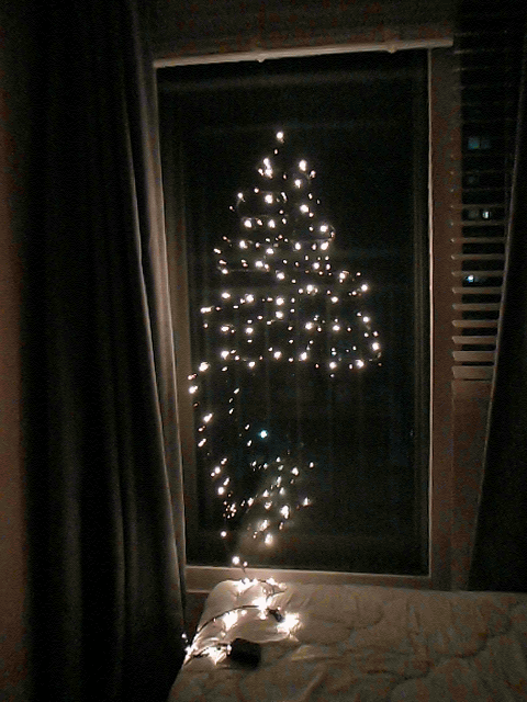 (GIF) 유리창에 트리 모양으로 고정시킨 크리스마스 전구 장식이 반짝반짝 불빛을 내고 있는 모습의 움직이는 사진. 