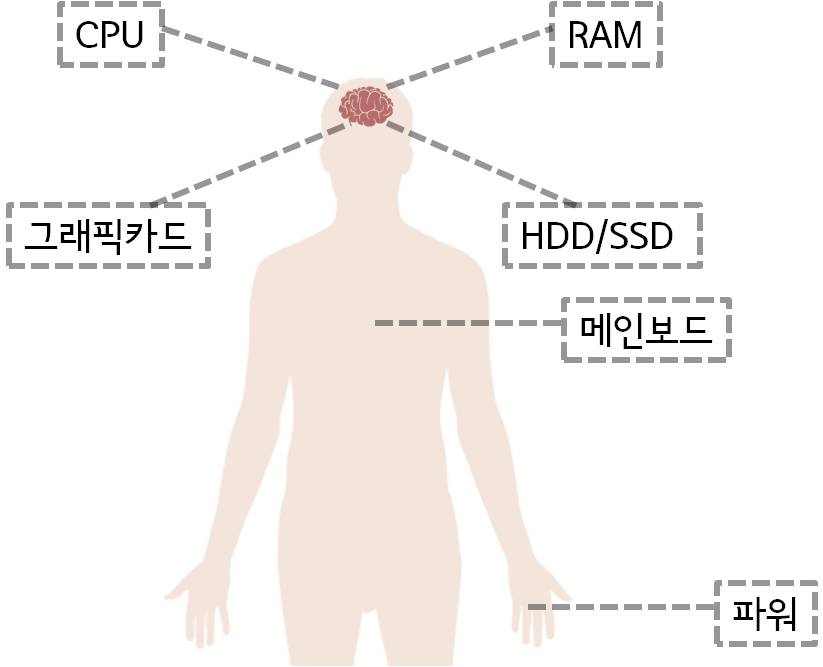 인체 vs 컴퓨터/ 머리=CPU, RAM, 그래픽카드, HDD, SSD/ 심장=메인보드/ 손=파워