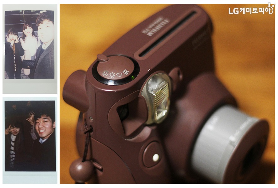 (왼쪽 위) 빛이 많이 들어서 뿌연 즉석사진, (왼쪽 아래) 어두운 즉석사진, (오른쪽) 즉석사진 카메라