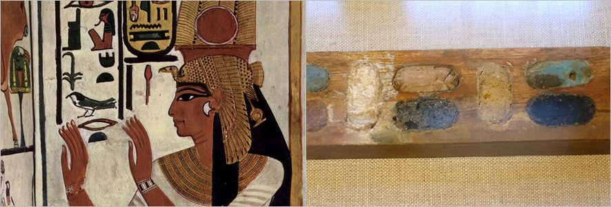 (왼쪽부터)도료가 쓰인 이집트의 벽화, 고대 이집트의 안료 팔레트 ⓒwikimedia.org