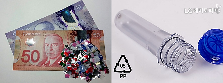 지폐와 조각난 종이들, 재활용 마크가 그려진 PP 플라스틱 병 