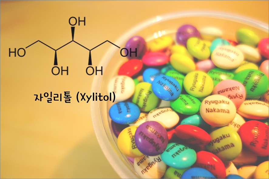 사탕 이미지와 자일리톨 화학 구조식