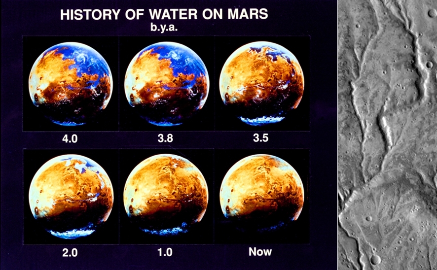 (왼쪽부터) 화성에 존재했던 물의 역사(단위: 10억 년), 화성 표면에서 발견한 물의 흔적ⓒNASA, Wikimedia.org