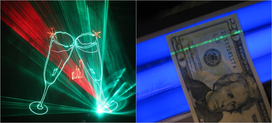 총 2장의 이미지 중 왼쪽은 레이저쇼의 한 모습으로 와인잔 두개가 건배하는 모습, 오른쪽에는 위조 지폐를 레이저로 감별하는 모습의 사진이다.