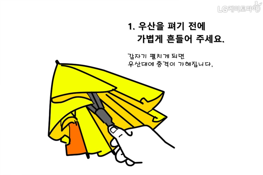 1.우산을 펴기 전에 가볍게 흔들어 주세요. 갑자기 펼치게 되면 우산대에 충격이 가해집니다.