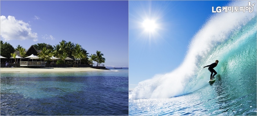 (왼쪽부터) 피지 섬, 피지섬에서 서핑하는 모습
