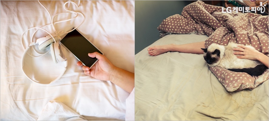 왼쪽부터 침대 위 휴대폰을 들고 있는 손과 헤드폰 사진, 오른쪽은 고양이와 함께 침대 위에서 자고 있는 모습 