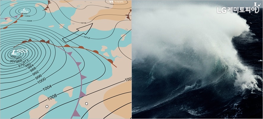 왼쪽부터 태풍이 오는 일기 예보 모습, 무섭게 높은 파도