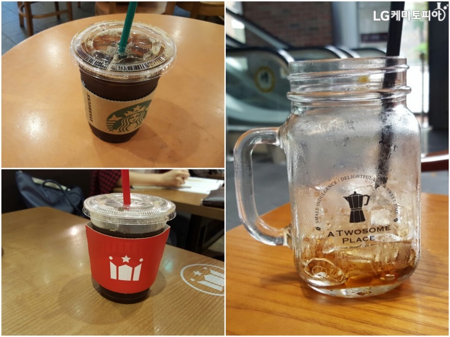 왼쪽 상단 스타벅스 콜드브루, 왼쪽 하단 할리스 커피 콜드브루, 오른쪽 투썸플레이스 콜드브루 모습