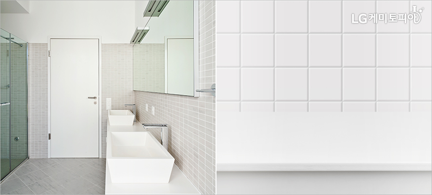 (좌)샤워부스,세면대와 거울이 있는 욕실,(우)흰색의 네모 모양 플라스틱 타일의 벽