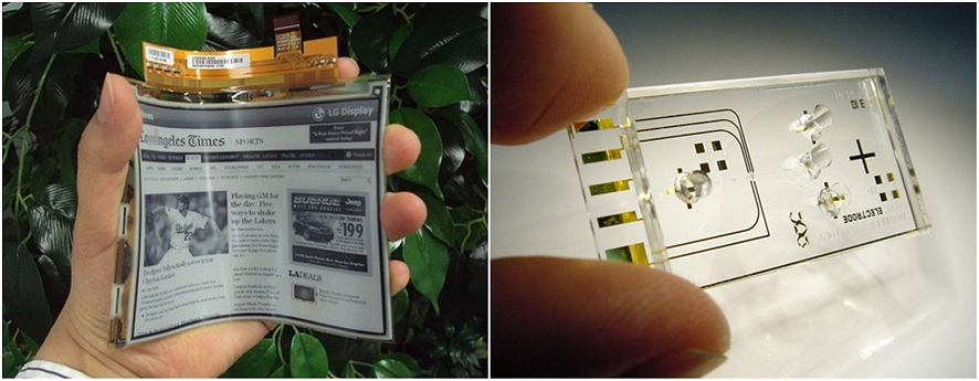 (좌)휘어진 전자 종이를 손으로 잡고 있다, (우)투명하고 작은 랩온어칩(Lab on a chip)을 손으로 잡고 있다. 